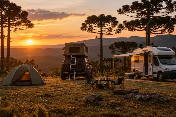 Barraca de chão, overlander com escada da barraca de teto descendo pela traseira e motorhome em um acampamento entre araucárias ao pôr do sol