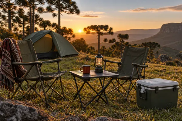 Cadeiras de lona, mesa com lanterna e caneca, caixa térmica e barraca de chão em um campo de serra ao pôr do sol