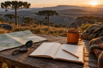 Caderno aberto, mapa, bússola e caneca laranja sobre uma mesa de camping, com araucárias e serra ao fundo